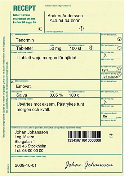 Olika typer av recept: Gult recept Elektroniskt recept Övriga blanketter: Telefon/fax recept Rekvisitionsblankett Hjälpmedelskort Dosrecept Särskilda läkemedel Hur fyller man i ett recept? 1.