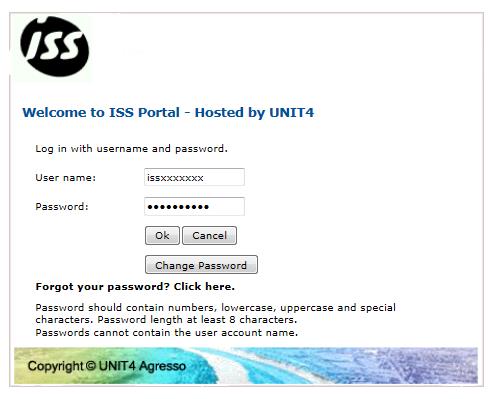 Så här loggar du in Logga in med de användaruppgifter du fått i mail från ISS. Fyll User name och Password och klicka på Ok.