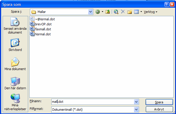 Dokumentmallar Förarbeta ditt dokument med så mycket statisk information som möjligt Välj Spara som i Arkivmenyn Döp mallen och välj filformatet dokumentmall. OBS!