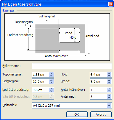 Etiketter Att skapa etiketter följer samma guide som kopplade brevutskrifter med den skillnaden att du i steg 2 måste göra noggranna inställningar för de etikett du tänkt använda.