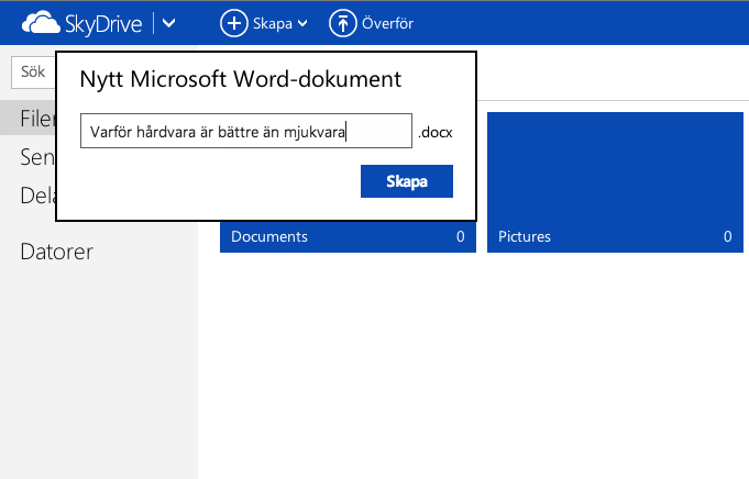 3För att skapa ett nytt, tomt dokument loggar du in som vanligt i Skydrive. Gå sedan upp till den övre menyraden och klicka på Skapa.