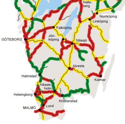Studeras trafiken under de två mest trafikerade timmarna ser bilden annorlunda ut. Det som i Halland tidigare var gulmarkerat är nu rödmarkerat. Även sträckan Varberg-Borås är rödmarkerad.