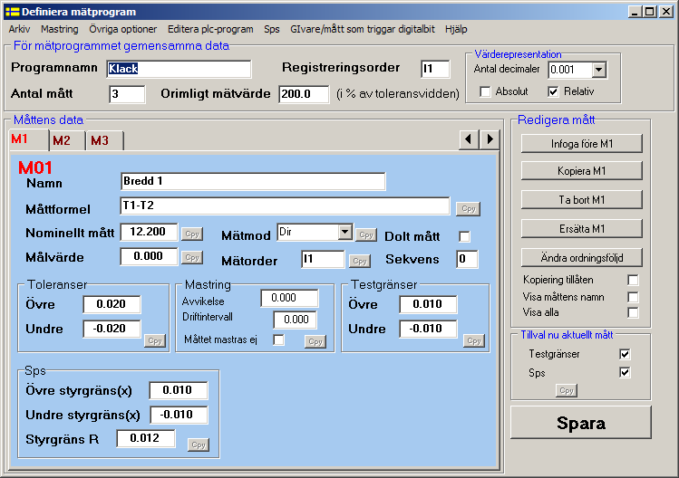 7 Definiera mätprogram Figur 7.1 Definiera mätprogram Inmatningsformuläret har en menyrad som innehåller Arkiv, Mastring, Övriga optioner, Editera Plc-program och Hjälp.