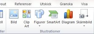 Infoga Clip Art är en funktion för att infoga bilder och andra typer av medieklipp. Om du trycker på fliken Infoga finns det en knapp som heter Figurer.