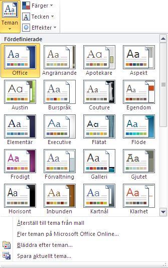 Fliken Sidlayout Under fliken Sidlayout hittar du fem grupper av verktyg. Teman, Utskriftsformat, Sidbakgrund, Stycke, Ordna.