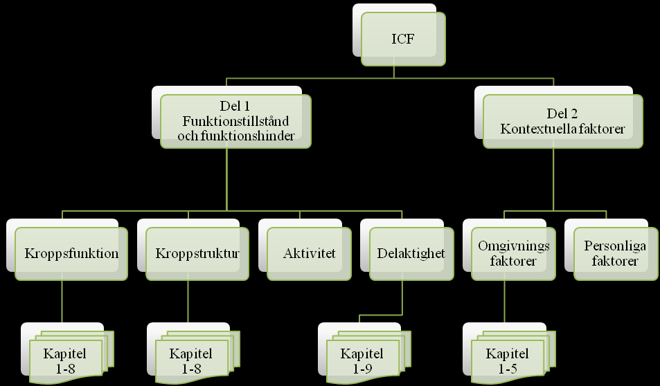 - 13 - Nivå 1: Klassifikation Nivå 2: Delar Nivå 3: Komponenter Nivå 4: Kapitel Figur 1 Översikt av ICF:s uppbyggnad. Från ICF Om hälsa, miljö och funktionshinder av K.