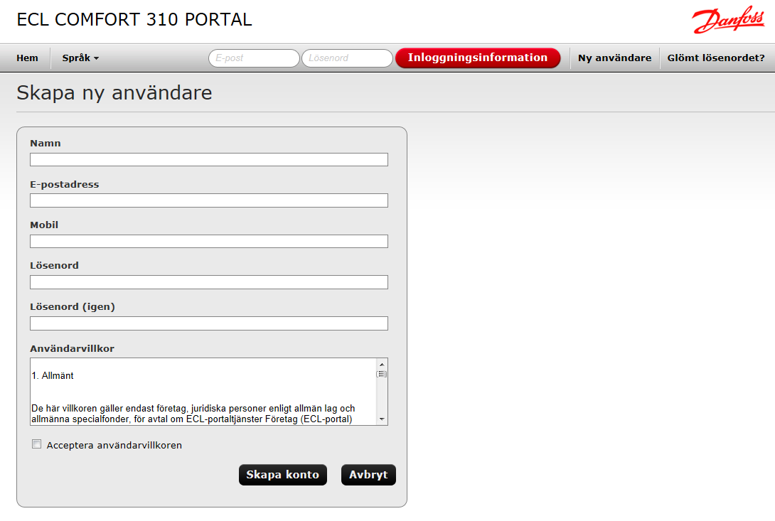 5.0 Arbeta med ECL Portal 5.1 Internetadress Öppna din webbläsare och gå till http://ecl.portal.danfoss.se/ 5.