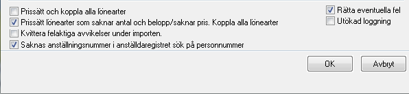 Om du väljer att inte markera Saknas anställningsnummer i anställdaregistret sök på personnummer kommer transaktionsraden till den anställde att markeras som en felpost i importvyn.