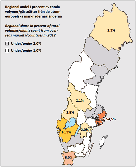 Regional fördelning av utom-europeiska volymer/gästnätter i Sverige 2012 Regional distribution of overseas volumes/nights spent in Sweden 2012 Hotell, stugbyar, vandrarhem,