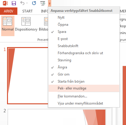 Åtkomst till vanliga kommandon Verktygsfältet Snabbåtkomst, som visas längst upp till vänster i PowerPointfönstret, är ett praktiskt ställe att lägga till genvägsknappar till de kommandon som du