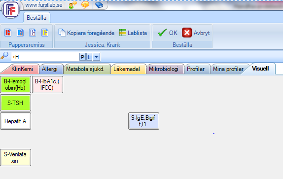 Beställning av en analys eller grupp sker genom ett klick på rutan. Grön färg betyder att analysen eller gruppen är beställd.