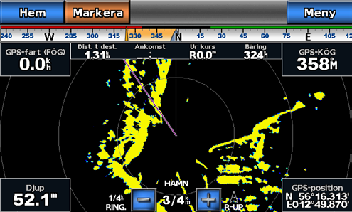 Radar Justera störningsklotter på radarskärmen Du kan minska visningen av radarklotter som orsakas av störningar från andra närliggande radarkällor. På är standardvärdet för störningsinställningen.