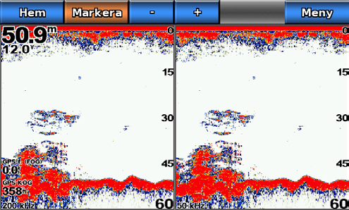 Ekolod Delad zoombild av ekolodningen Delad zoombild av ekolodningen visar ett helskärmsdiagram av ekolodsavläsningar och en förstorad del av diagrammet på samma skärm.