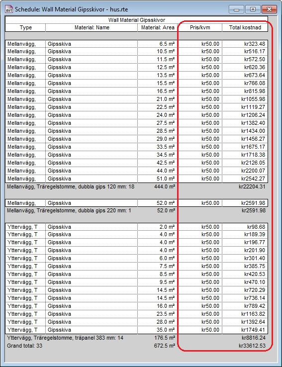 Tegelpannor på 40,5 m 2 är markerat i Schedule och i 3D-vyn på Figur 16 visas det var de befinner sig.