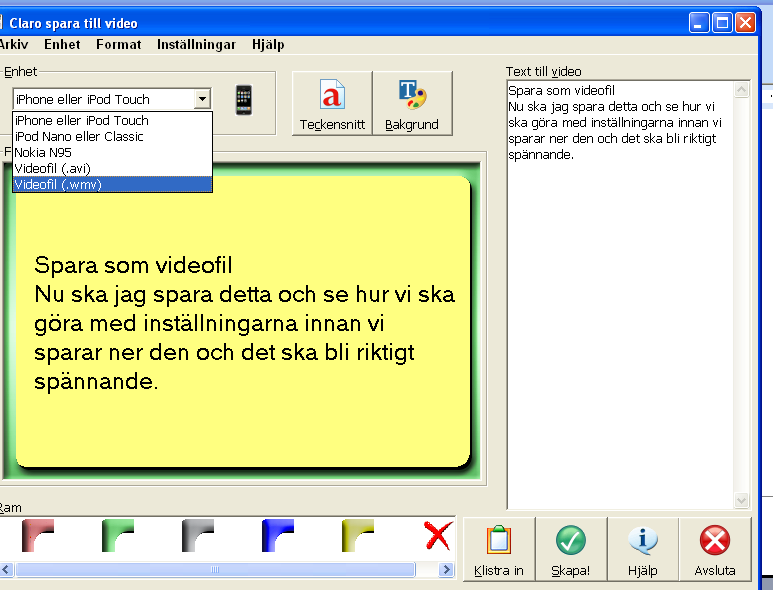 Sparar som videofil 1. Se till att ha ditt dokument öppet i Word. 2. Ställ in röst, hastighet. 3. Klicka på Spara-Spara som videofil. 4. Detta fönster syns på skärmen. 5.