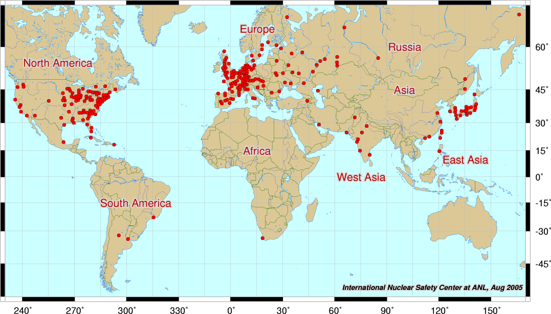 Kärnkraft i världen Omkring 435 kommersiella kärnreaktorer i 30 länder och 284 forskningsreaktorer i 56