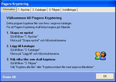 Inställningar För att skapa nycklar och välja vilka kataloger som skall övervakas startar användaren Pagero Kryptering Admin. När Pagero Kryptering Admin körs visas en ikon nere i meddelandefältet.