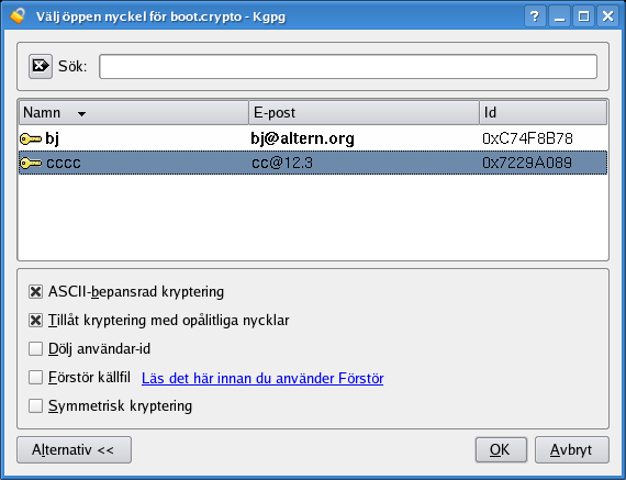 3.3 Kryptera data 3.3.1 Kryptera en fil från Konqueror eller Dolphin Högerklicka på filen som du vill kryptera. Välj Åtgärder Kryptera fil i menyn som dyker upp.