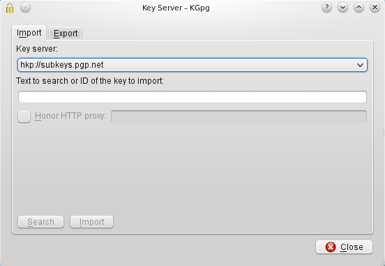 Dialogrutan ger dig möjlighet att komma åt nyckelservrar. Du kan söka efter och importera nycklar från en nyckelserver, samt exportera nycklar till en server.