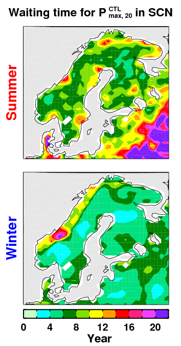 Extrem nederbörd Återkomsttider från 20 år till 6-10 år under sommaren 2-4 år under vintern SMHI