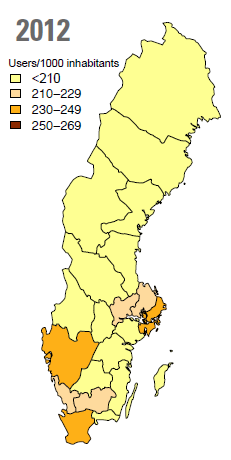 Under 2012 fick 22 procent av Sveriges befolkning minst ett antibiotikarecept Brukare/1000 invånare och år 2007 2008 2009 2010 2011 2012 0-6 358,6 342,4 299,5 300,7 273,3 274,4 7-19 206,5 194,6 182,5