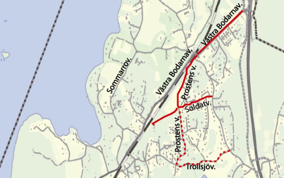 Figur 8: Gångstråk och närrekreationsområden i Västra Bodarna Separata gång- och cykelvägar finns längs Prostens väg och Soldatvägen, mellan fotbollsplanen och skolan.