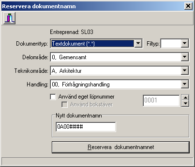 15 (29) Huvudmeny Verktyg Reservera dokumentnamn Används för att reservera dokumentnamn för ritningar, ritningsmodeller och textdokument. Kan även användas för att tolka dokumentnamn.