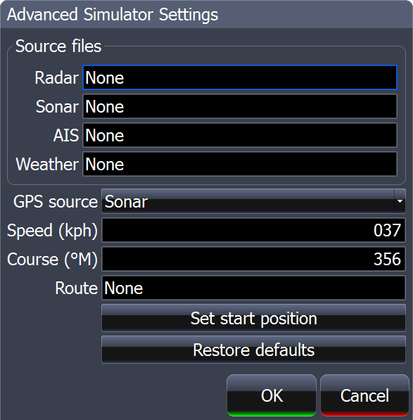 Inställningar Simulator Simulatorfunktionen kan användas som både avancerad simulator och i demoläge. Öppna simulatormenyn genom att markera Simulator i inställningsmenyn och tryck på ENTER.