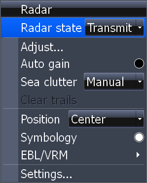 Radar Radarmenyn I radarmenyn kan du ändra inställningarna så att bilden passar dina behov och så att navigeringen underlättas. Öppna radarmenyn genom att trycka på MENU från radarsidan.