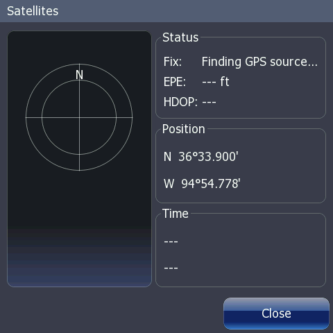 Inställningar Satellitstatus Satelliter Här kan du se vilka satelliter som befinner sig inom "synhåll" och se kvaliteten på de signaler instrumentet tar emot.