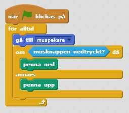 Skapa ett skript som säger att när musknappen är nedtryckt ska pennan vara nere, och annars ska pennan vara uppe.