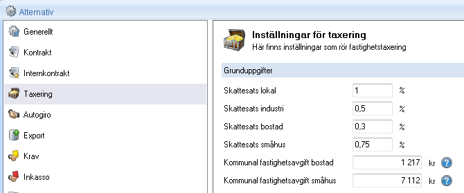 PARAMETERSÄTTNING Innan du kan lägga upp fastighetsskatteavgiften på kontrakten behöver du göra inställningar i Vitec Hyra genom att klicka på Vitec-ikonen/Inställningar/Alternativ/Taxering.