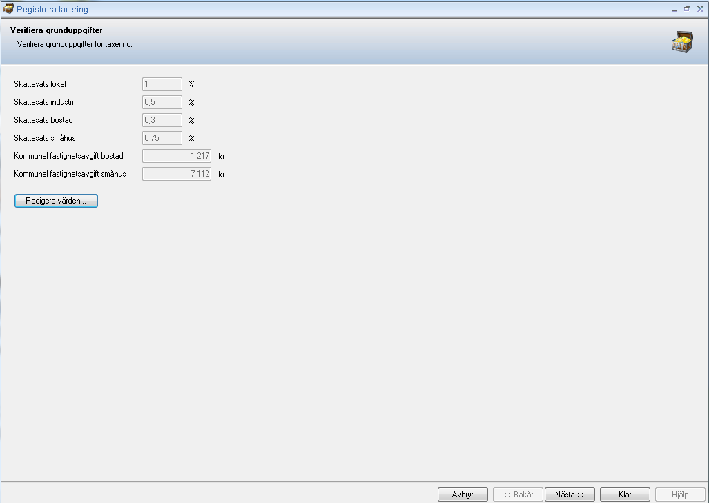 När grunduppgifterna är inlagda går du vidare i guiden genom att trycka på nästa och kan lägga in taxeringsvärden för respektive byggnad. Väljer du Klar avslutas guiden.