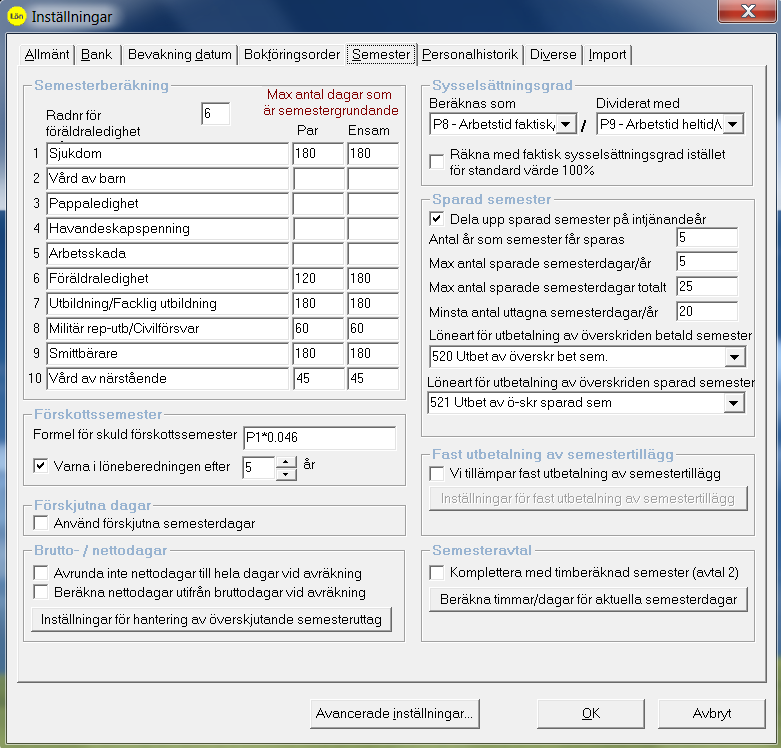 Semester Arkiv/Inställningar För att semesterberäkningen ska fungera måste grundinställningar göras i programmet.
