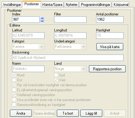 1.2 Positioner Under denna flik hittar du alla positioner i databasen. Har du sparat egna positioner så kan du hamnar dom först i indexlistan.