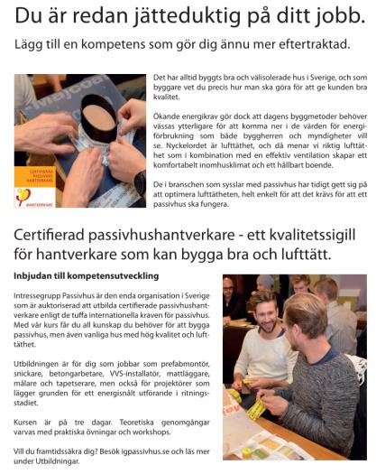 Internationellt certifierad Passivhushantverkare (3dagar) Passivhusstandard Passivhus