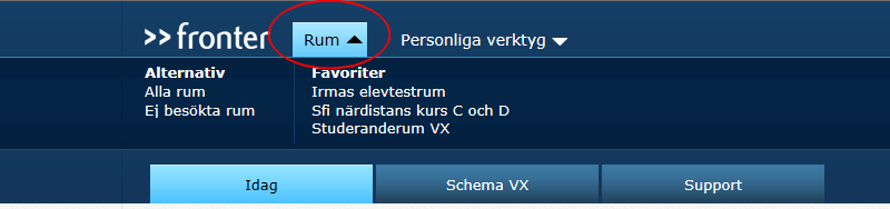 VÄLJ RUM I Rumsväljaren kan du, genom att klicka på pilen, se alla de Rum (kurser) som du deltar i. Klicka på Alla rum för att se vilka rum du har tillträde till.