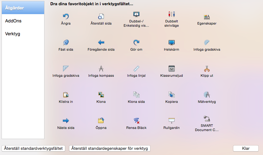 Anpassa verktygsfältet Jag tycker det är viktigt att anpassa verktygsfältet framförallt till eleverna. Då tar jag bort allt onödigt som de inte ska använda.