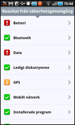 Inställningar 6. Säkerhetsgenomgång Säkerhetsgenomgång kontrollerar telefonens batterinivå, Bluetooth-status, ledigt utrymme osv. Kör en Säkerhetsgenomgång manuellt genom att klicka på Genomgång.