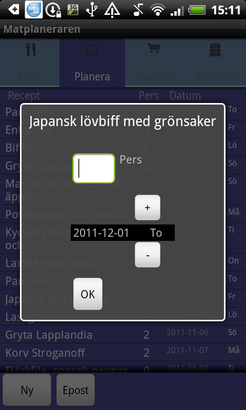 Importera recept För att importera recept från webbplatsen måste mobilen ha kontakt med Internet. Välj Basdata > Importera recept från web i appen.