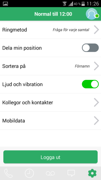 Det första du bör definiera är hur du önskar ringa. Konfigureringen av detta hittar du under Inställningar (kugghjulet nertill i appen) - Ringmetod.