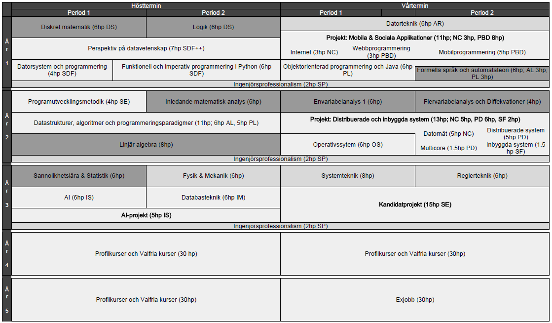 Fig. 1. En översikt över programmet. Ljusgrå lådor är datavetenskap, mellangrå är andra ingenjörskurser och de mörkgrå är matematikkurser.