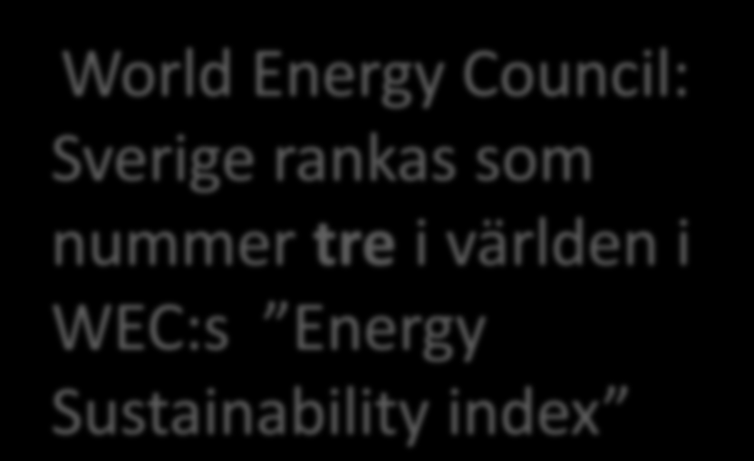 World Energy Council: Sverige rankas som nummer tre i världen i WEC:s Energy Sustainability index 2013 Rank Country 1 Switzerland 2 Denmark 3 Sweden 4 Austria 5 United Kingdom 6 Canada 7 Norway 8 New