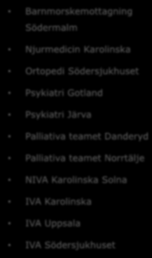 Team 2013-2015 35 team/17 kvalitetsregister Hjärtkliniken Karolinska Reumatologi Lund/Malmö Barnmorskemottagning Reumatologi Eskilstuna Södermalm Hjärtkliniken Gävle Reumatologi Västerås Njurmedicin
