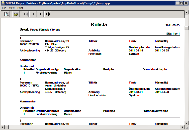 Vill du skriva ut alla barn som finns i den aktiva kön (alla som har ett önskat plac.