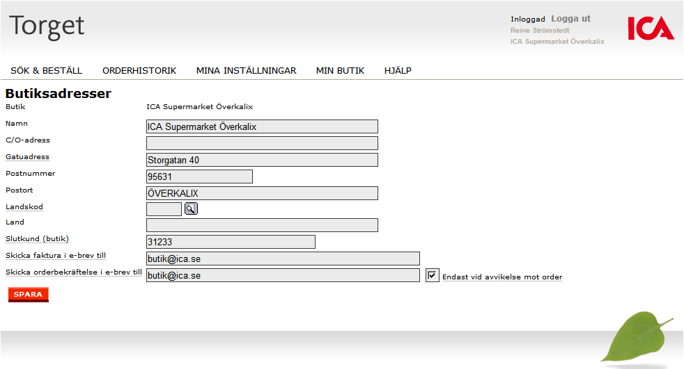 Önskar ni skriva ut orderbekräftelsen till skrivare klickar ni på Arkiv och Skriv ut MIN BUTIK Detta menyval används för att ni ska kunna ändra era adressinställningar.