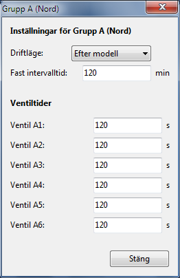 Under de meteorologiska avläsningarna visas ett block för varje ventilgrupp. En förloppsindikator visar överskådligt hur mycket som återstår till nästa vattning.