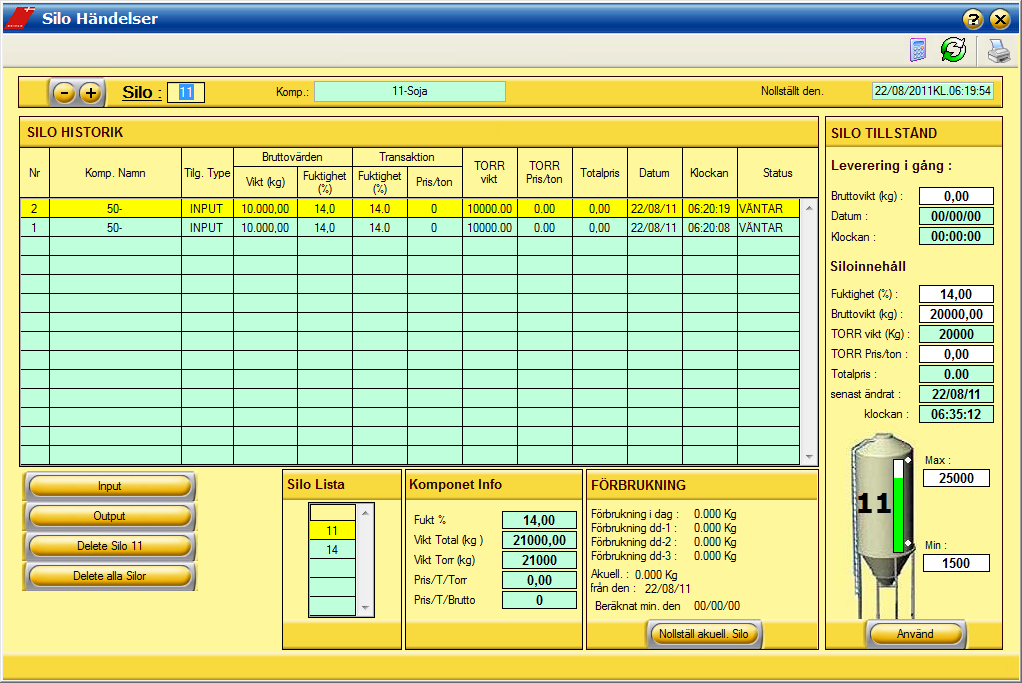 4. Silo leveranser och innehåll Förbrukningsmaterial visas här för Silo 11, var i stort område i bilden för att se de varor som skrivs in i DM6000 för den här silon.