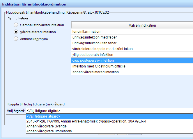 Koppla en ytlig eller djup postoperativ infektion till ursprunglig operation Vid registrering av Ytlig eller Djup postoperativ infektion ges möjlighet att koppla infektionen till en operativ åtgärd.