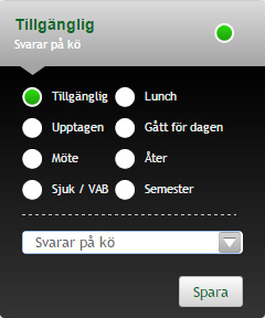 Tillgänglighet För att du ska få samtal från växelnumret måste din status vara Tillgänglig och du måste ha valt alternativet Svarar på kö i listrutan nedanför.